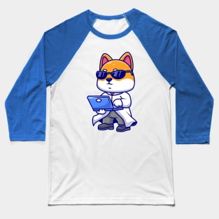 Cute Shiba Inu Dog Proffesor With Laptop Cartoon Baseball T-Shirt